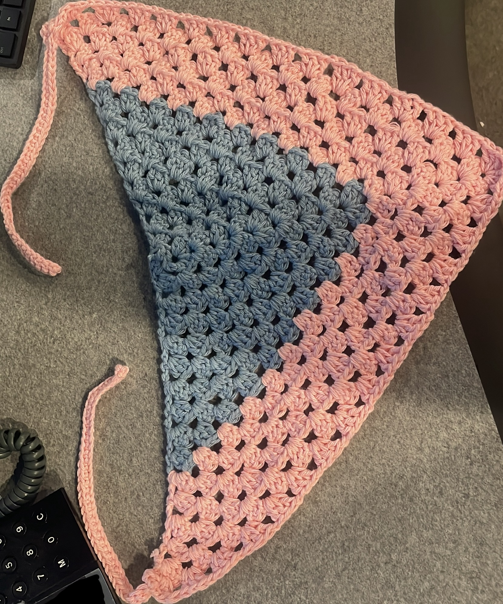 Handmade pink and blue crochet bandana, made by Els